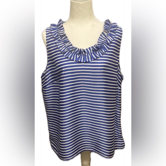 Talbots Women Top Size XL Blue White Stripe Sleeveless Ruffle Collar Side Zip - Picture 1 of 11